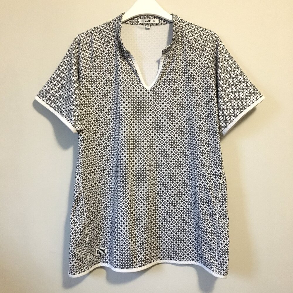 Loft8 Flower of Life Tunic Neck Poly Flex Golf Shirt Black and White